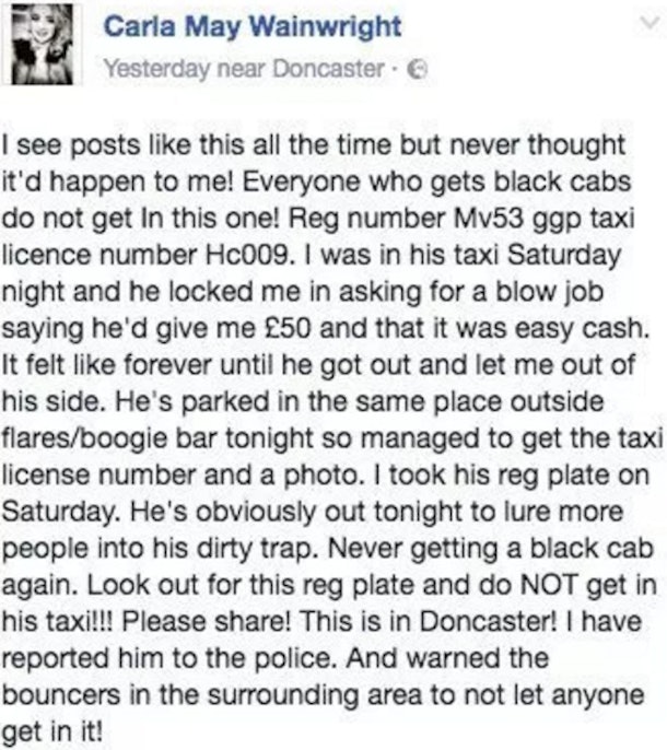 Teen Posts On Facebook About Taxi Driver Asking For Blowjob