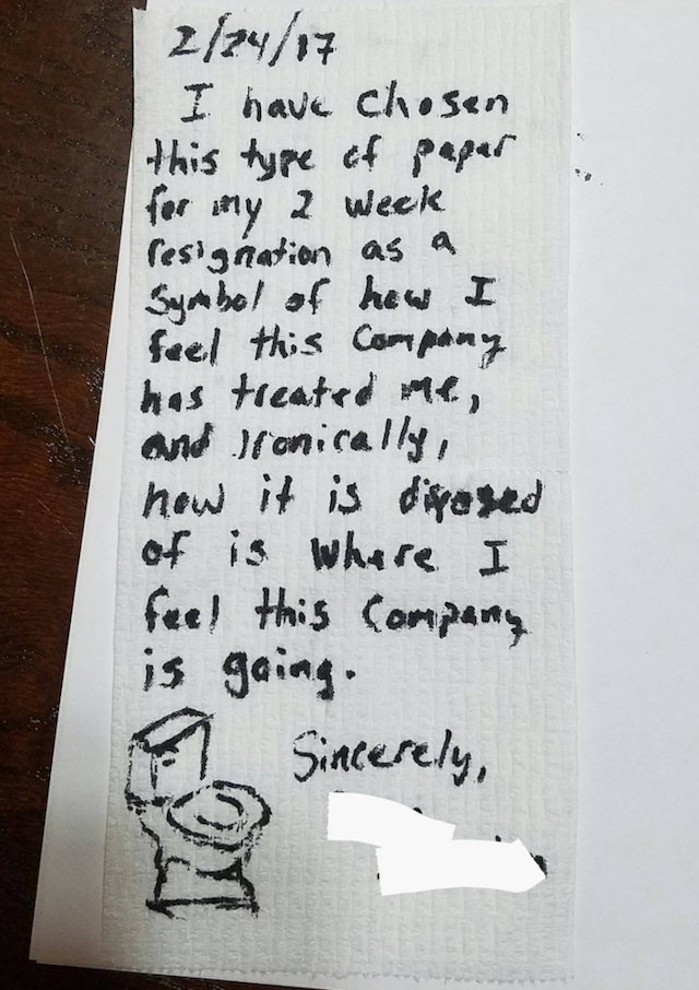 Employee Quits Job With Epic Toilet Paper Resignation Letter Employee Quits Job With Epic Toilet Paper Resignation Letter