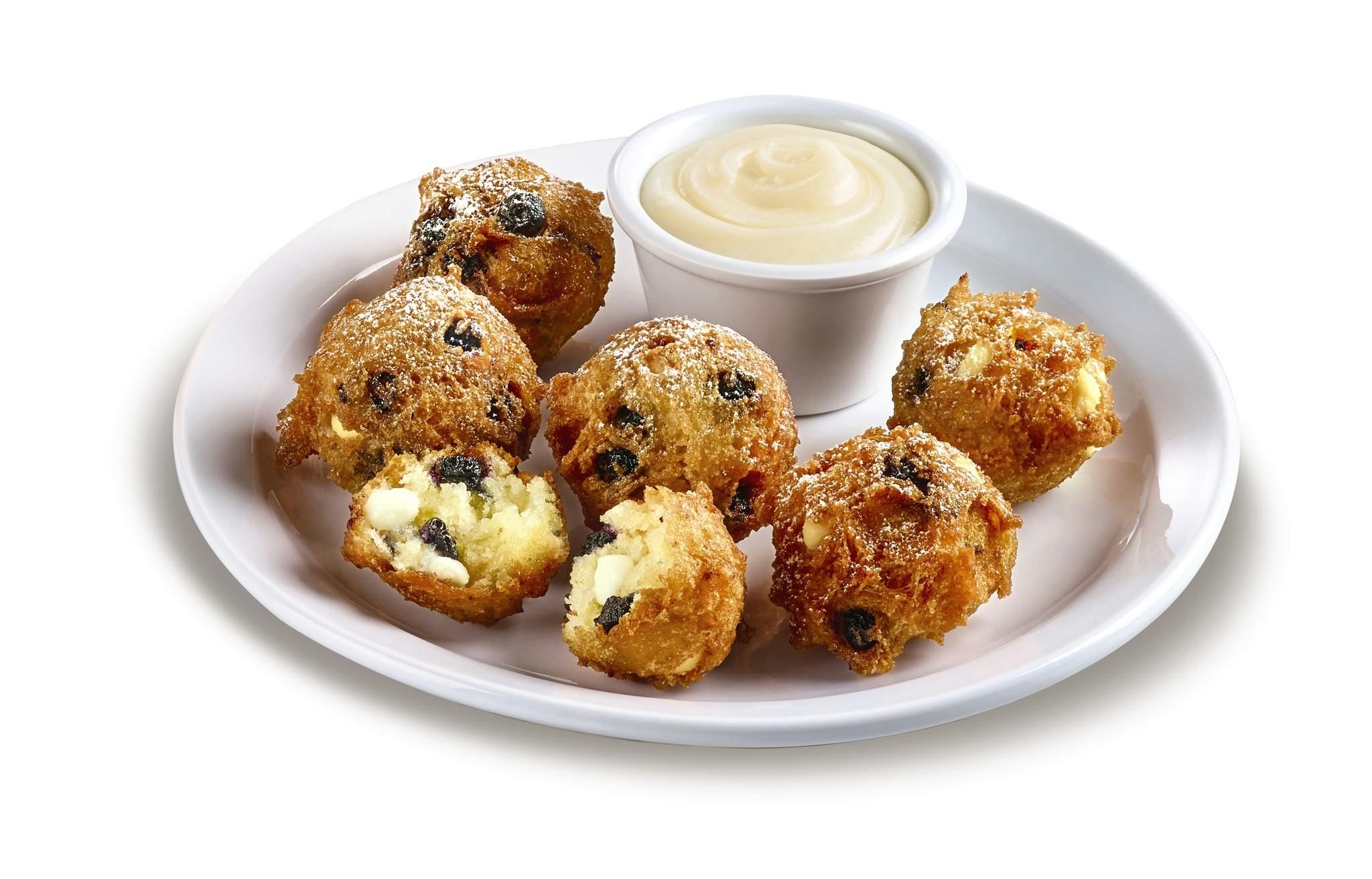 Denny's New Blueberry Pancake Puppies With Warm Cream Cheese Icing Are