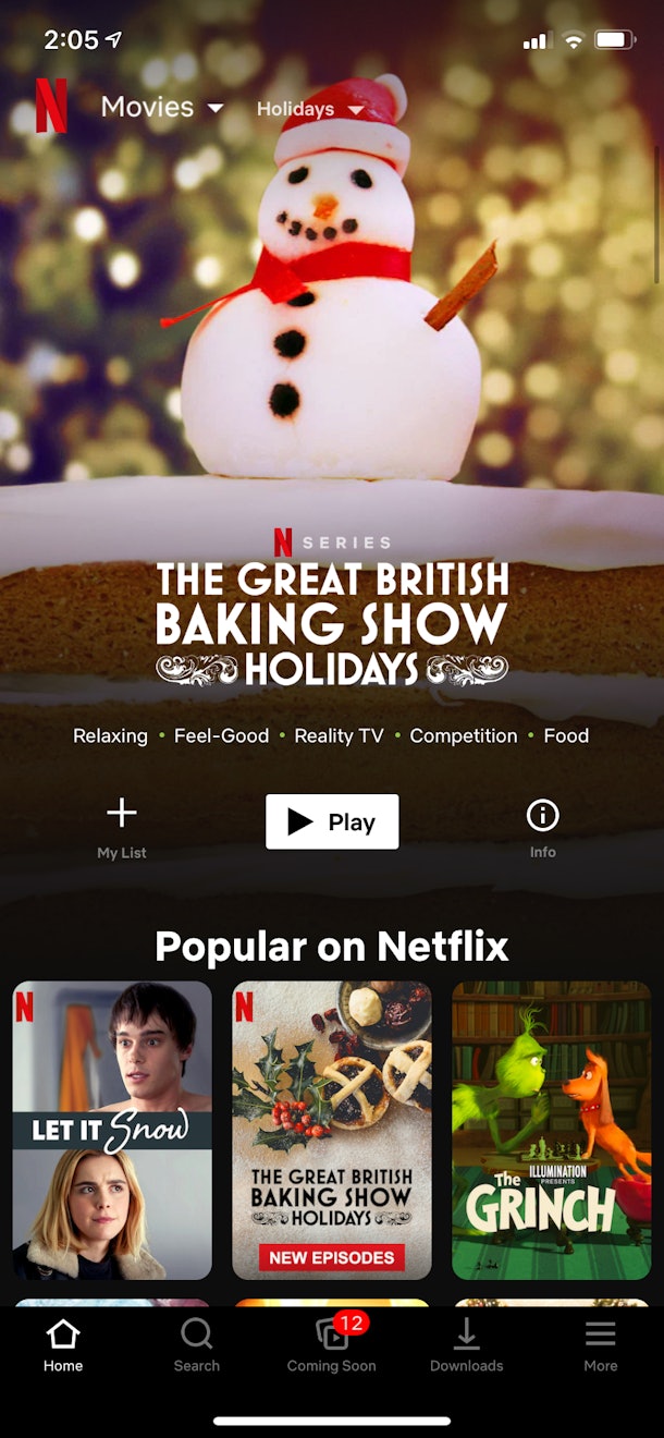 A screenshot of the Netflix app shows the holiday movies category, featuring The Great British Baking Show.