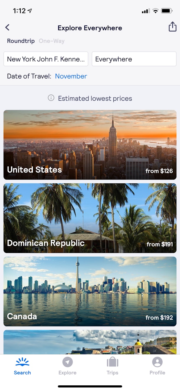 A screenshot of the Skyscanner app shows the cheapest flights in November 2019 from JFK.