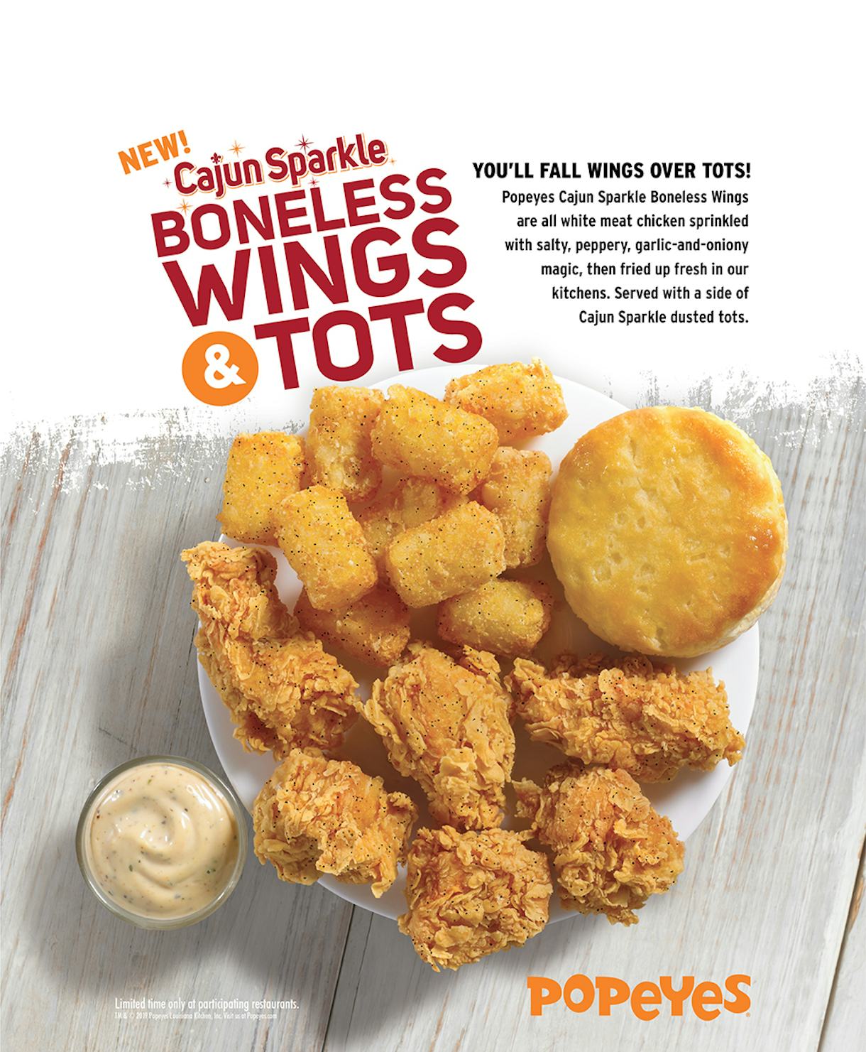 Popeyes' New Cajun Sparkle Boneless Wings & Tots Are Covered In Your