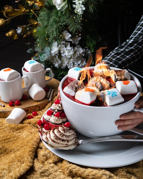 PHD Terrace's Cup Of Flaming Red Velvet hot chocolate has massive marshmallows and is massive in size.