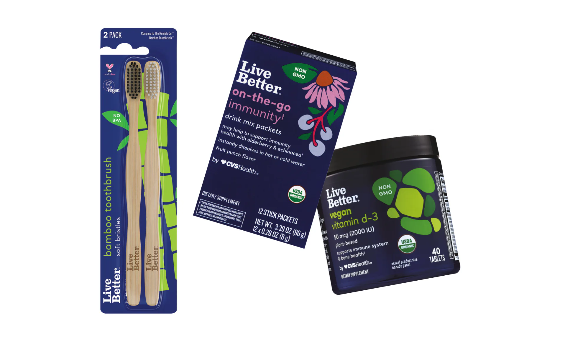 The Live Better by CVS Health product line includes bamboo toothbrushes, vegan vitamin D-3 tablets, and on-the-go immunity drink mix packets.