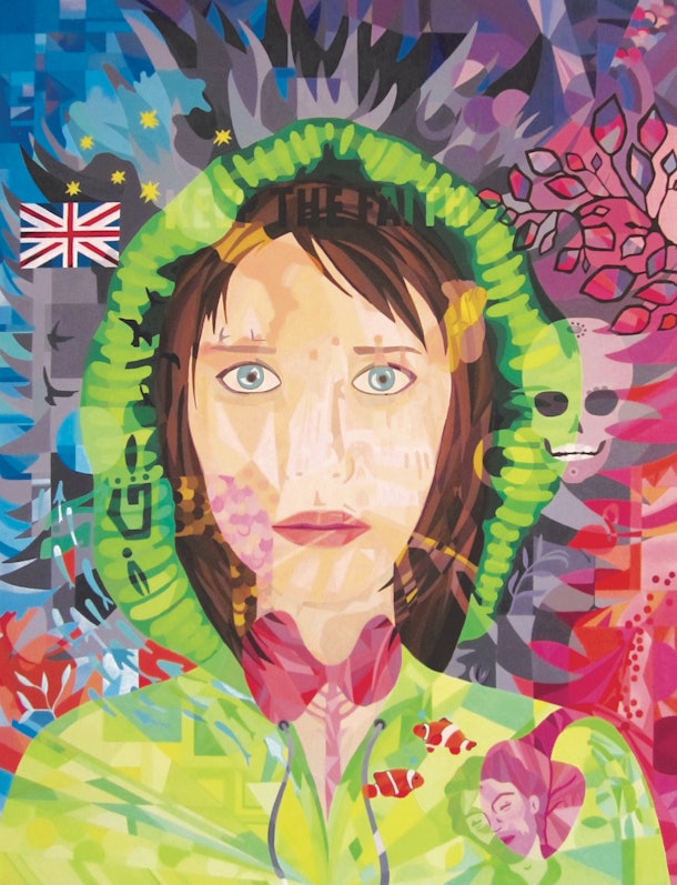 Lourdes Villagomez's self portrait, a semi-abstract image of a woman with blue eyes and brown hair, wearing a green hoodie on a blue and red background surrounded by superimposed images of fish, skulls, human organs, human faces, trees, leaves, and more.