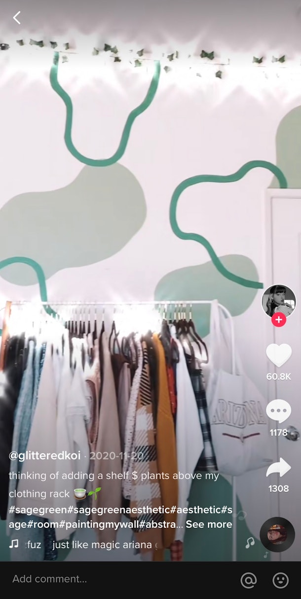 A TikTok user paints sage and forest green designs on their bedroom walls.