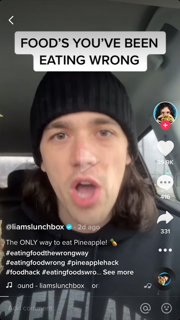 @liamslunchbox shares how to properly eat a pineapple on TikTok without a knife.