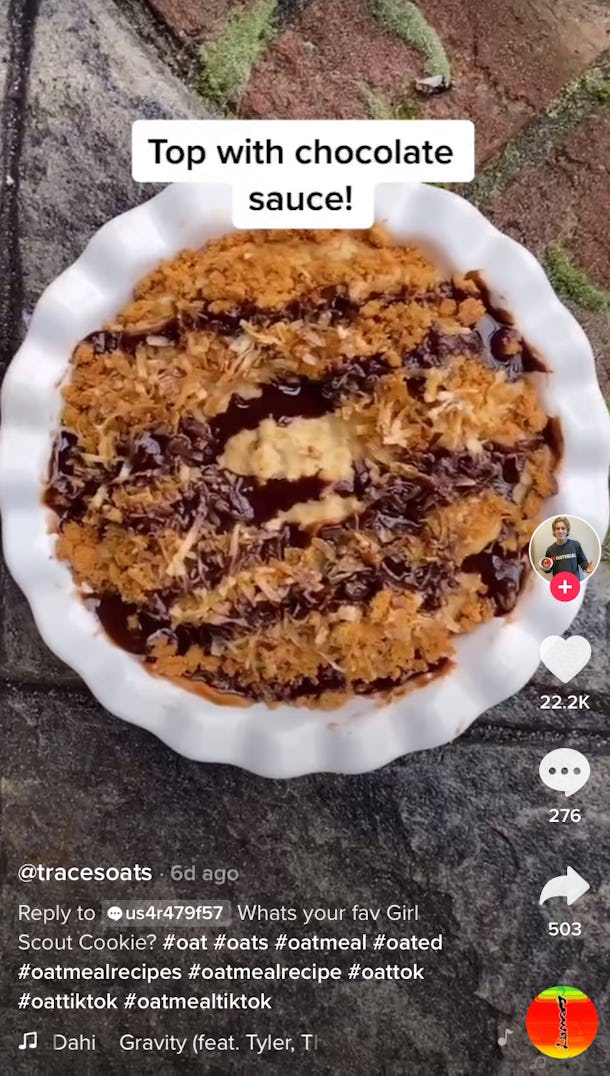 A bowl of Samoa Girl Scout cookie oatmeal sits on the counter.