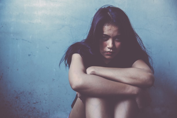 sad and lonely girl, violence crime and kidnapping people concept.