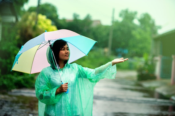 Portrait of beautiful young woman walking with umbrella under rain,raincoat